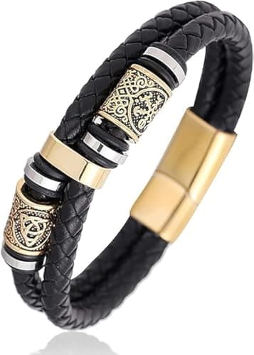 IMT-LLC Viking Style Men's Genuine Leather Braided Bracelet With Norse Runes Gift