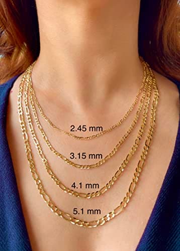 JEWELHEART 14K Gold Figaro Chain Necklace - Diamond Cut Cuban Link, Lobster Clasp, 16-28"