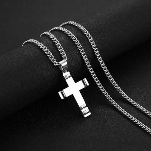 HZMAN Men's High Polished Stainless Steel Cross Necklace with 24 Inch Chain