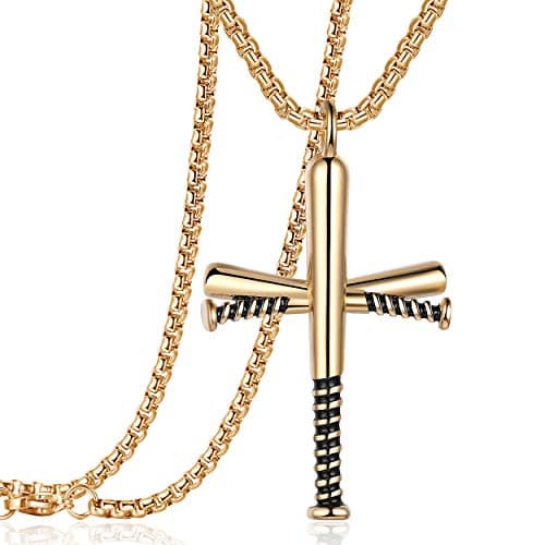 Rehoboth Baseball Bat Cross Necklace for Men and Women with 24 Stainless Steel Chain in Black, Gold, and Silver