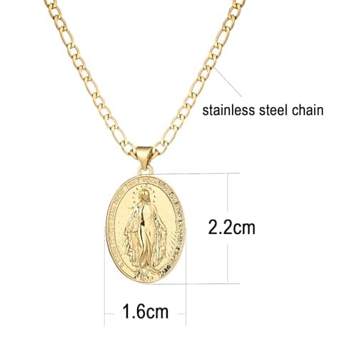 Yipima 14K Gold Plated Oval Guadalupe Virgin Mary Necklace, 3mm Flat Figaro Chain