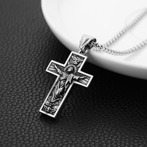 HZMAN Stainless Steel Retro Jesus Cross Necklace - Christian Faith Jewelry Gift