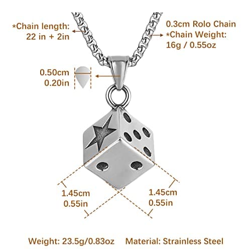 HZMAN Men's Dice Stainless Steel Gothic Pendant, Lucky Jewelry (Silver)
