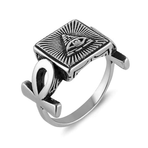 HZMAN Men's Stainless Steel Retro Coptic Ankh Eye of Providence Ring Jewelry Gift