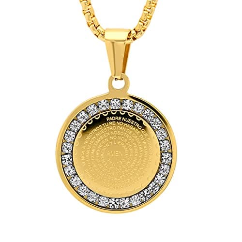STEELTIME NYC Stainless Steel Lords Prayer Necklace with Simulated Diamonds
