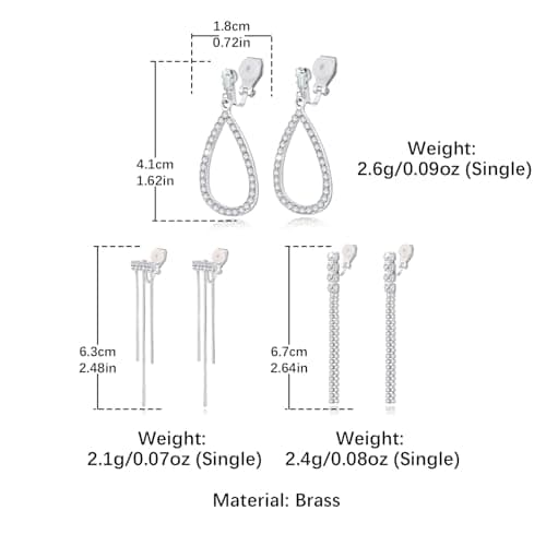 3 Pairs Clip-on Earrings for Women and Girls: Silver Tassel/Teardrop Crystal CZ Dangle Earrings