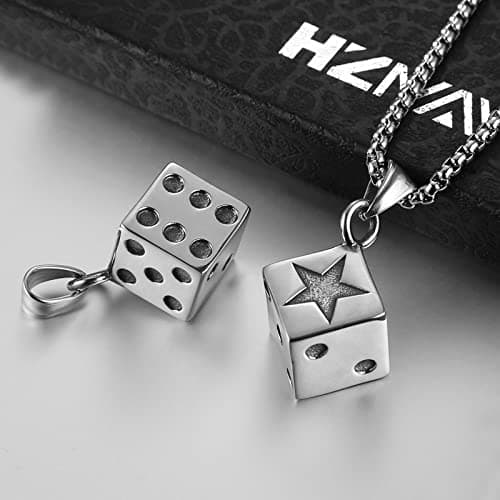 HZMAN Men's Dice Stainless Steel Gothic Pendant, Lucky Jewelry (Silver)
