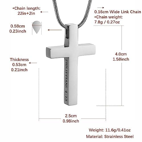 HZMAN Cross Pendant Stainless Steel Necklace with Philippians 4:13 Bible Verse