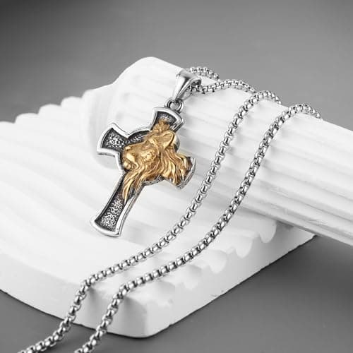 HZMAN Men's Gothic Lion Head Stainless Steel Cross Necklace with 24in Chain