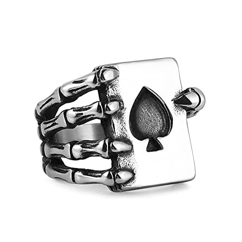 Stainless Steel Gothic Skull Hand Claw Poker Playing Card Ace of Spades Ring for Men and Women, Size 8-13