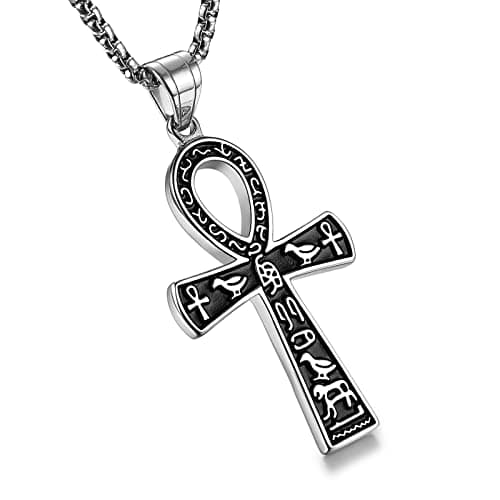 Stainless Steel Ankh Cross Pendant with Egyptian Hieroglyphic Symbol 22+2 Inch Chain