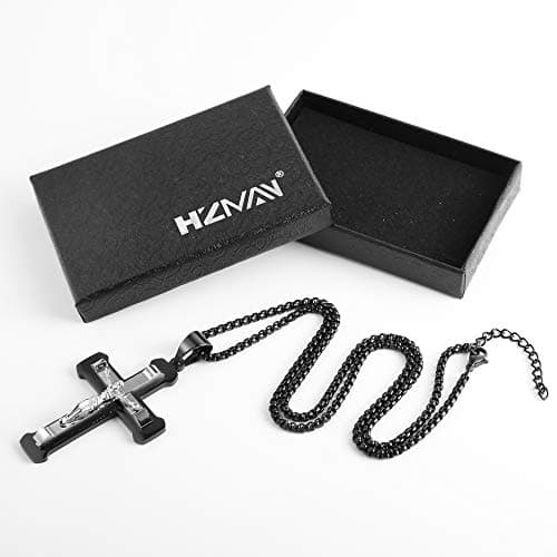 HZMAN Stainless Steel Cross Pendant Necklace for Men, Silver Gold Black Multicolor, 22 Inch Chain