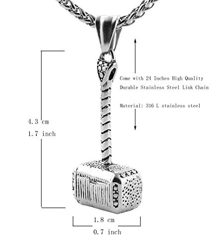 HZMAN Thor Hammer Pendant Necklace - Stainless Steel 22+2 Inch Chain