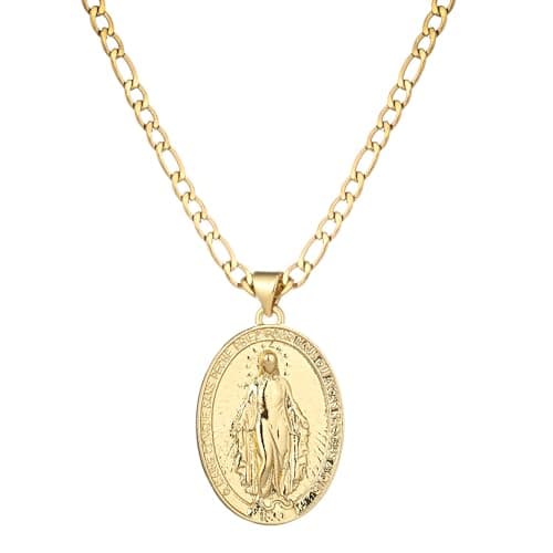 Yipima 14K Gold Plated Oval Guadalupe Virgin Mary Necklace, 3mm Flat Figaro Chain