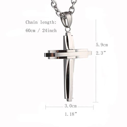 HZMAN Men's Polished Stainless Steel Silver Cross Pendant Necklace 22+2 Inches Chain