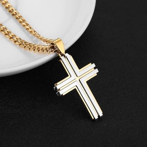 HZMAN Men's Stainless Steel Double Layer Cross Necklace Pendant Christian Faith Jewelry with 24Inch Chain