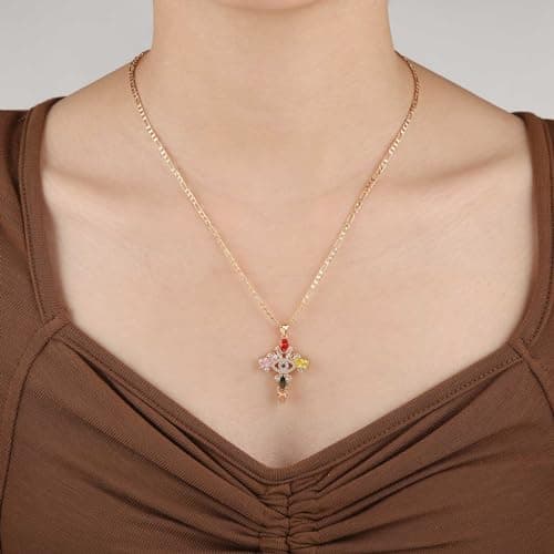 Crystal Cross Necklace for Women - Rose Gold Plated Evil Eye Pendant