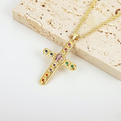 HZMAN Gold Plated Cubic Zirconia Cross Pendant Necklace for Women