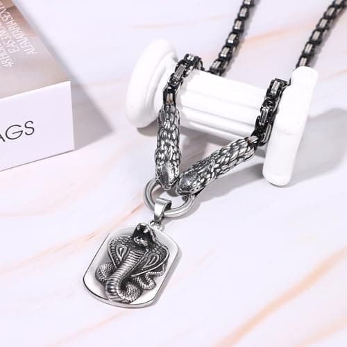 Men's Viking Snake Necklace: Vintage Double-Headed Snake Pendant Stainless Steel Norse Amulet Jewelry (Silver)