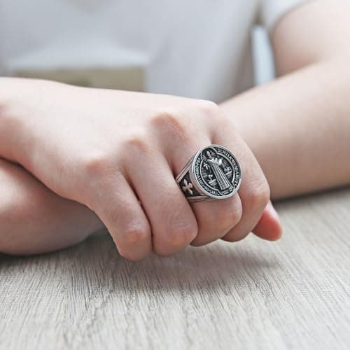 HZMAN St. Benedict Exorcism Ring - Protection for Ghost Hunters & Catholics Jewelry Gift