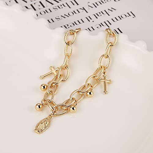Dainty gold plated cable chain bracelet with rosary bead cross and Virgin Mary link - perfect gift for women and girls