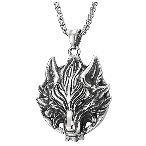 COOLSTEELANDBEYOND Mens Vintage Wolf Head Pendant Necklace, Punk Rock, 30 InchesSteel Chain