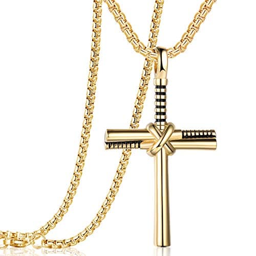 Rehoboth Baseball Bat Cross Necklace for Men and Women with 24 Stainless Steel Chain in Black, Gold, and Silver