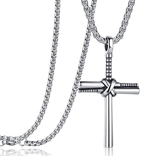 Rehoboth Baseball Bat Cross Necklace for Men and Women with 24 Stainless Steel Chain in Black, Gold, and Silver