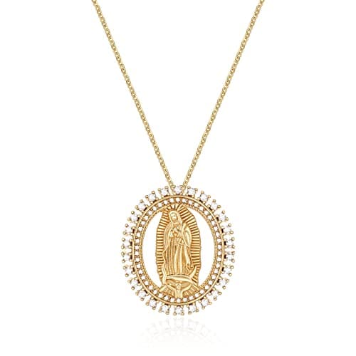 Gold Plated Virgin Mary Necklace for Women with Cubic Zirconia Halo