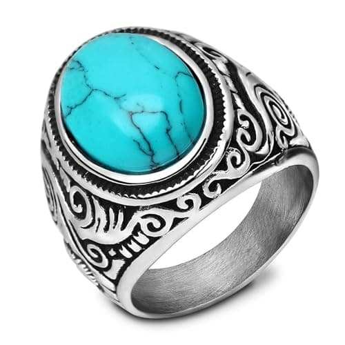 Retro Turquoise Stone Rings for Men, Stainless Steel Signet Biker Band