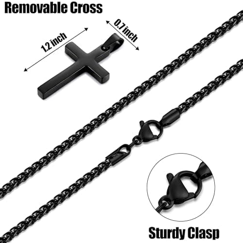 Men's Black Cross Necklace, 16-24 Inch Stainless Steel Chain
