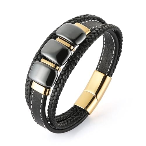 HZMAN Men's Minimalist Stainless Steel Hematite Bracelet, 8.5 İnch Genuine Leather
