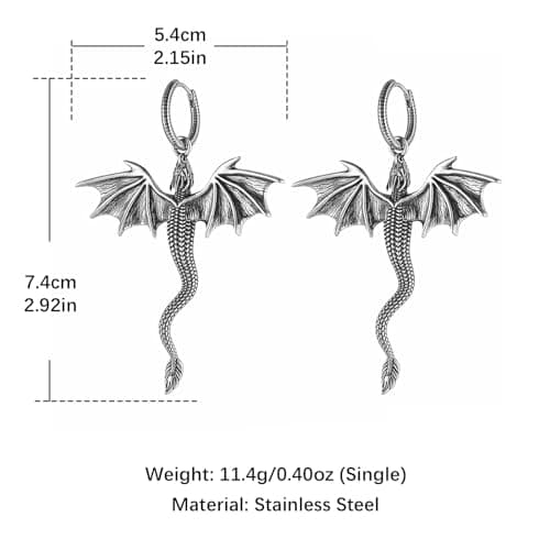 HZMAN Men's Stainless Steel Gothic Punk Dragon Dangle Earrings Jewelry Gift