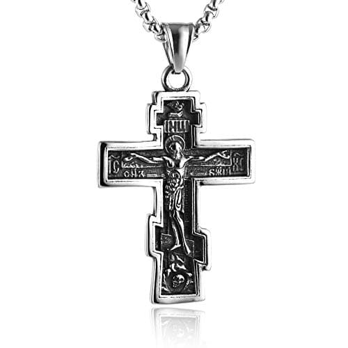 Vintage Stainless Steel Cross Pendant Necklace, Silver Gold Black Color Options, 22+2 Inches Chain