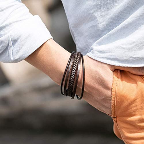 Murtoo Mens Multi-Layer Cowhide Leather Bracelet with Clasp