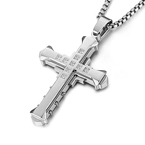 HZMAN Men's Large Byzantium Cross Necklace with Cubic Zirconia 22+2inch Chain