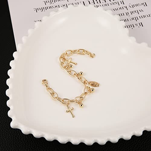 Dainty gold plated cable chain bracelet with rosary bead cross and Virgin Mary link - perfect gift for women and girls