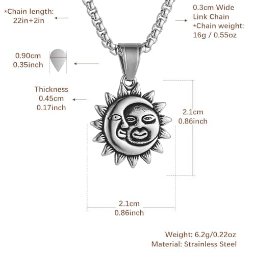 HZMAN Men's Sun and Moon Stainless Steel Pendant Necklace Jewelry Gift