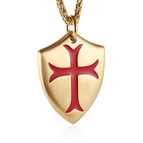HZMAN Templar Cross Pendant Necklace with Shield 22+2 inch Chain