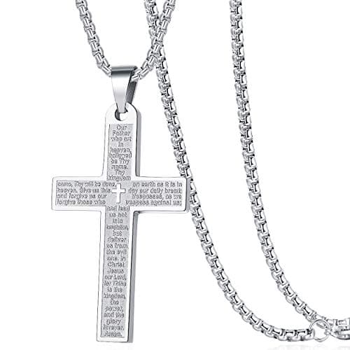 Men's Nail Lord's Prayer Cross Pendant Necklace in Stainless Steel Chain 24"