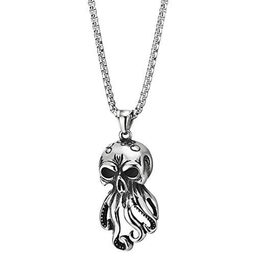COOLSTEELANDBEYOND Vintage Octopus Skull Pendant Necklace with 30in Wheat Chain, Gothic Punk