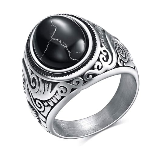 Retro Turquoise Stone Rings for Men, Stainless Steel Signet Biker Band