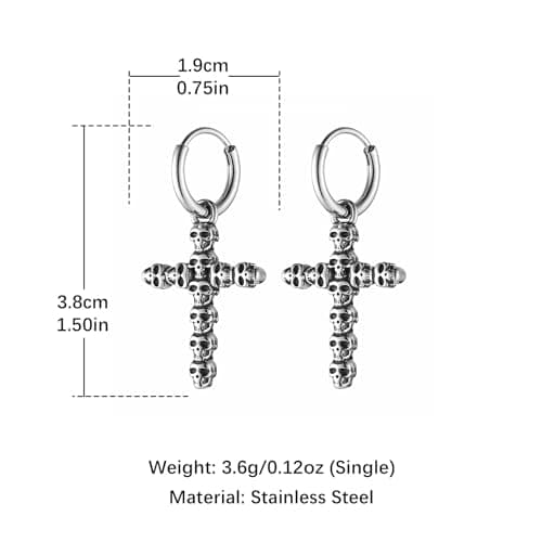 HZMAN Men's Stainless Steel Gothic Punk Skull Cross Earrings