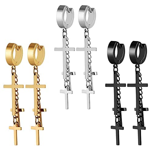 HZMAN Stainless Steel Cross Drop Earrings Set - 3 Pairs