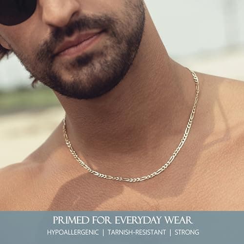 18K Gold Over Sterling Silver 3mm Figaro Link Chain Necklace - for Men & Women