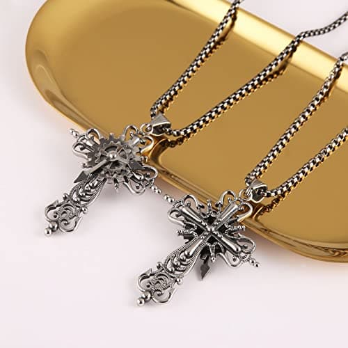 Men's Silver Cross Necklace Stainless Steel Gear Steampunk Pendant