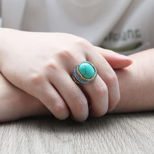 HZMAN Large Tiger Eye & Turquoise Gothic Wedding Ring Size 7-14