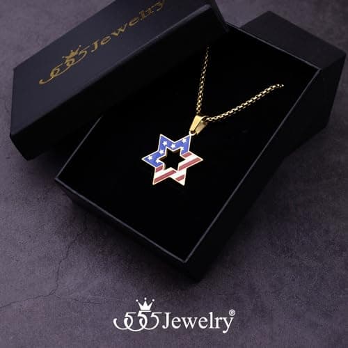Stainless Steel Star of David & US Flag Necklace, 16-24" Chain