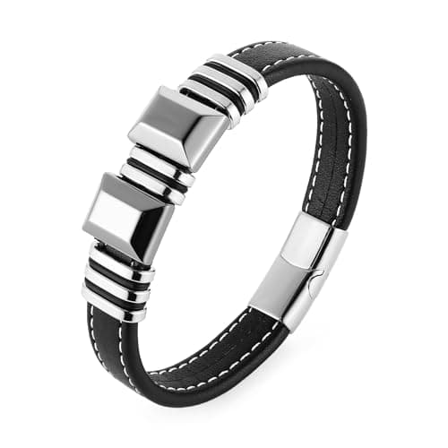 HZMAN Men's Minimalist Stainless Steel Hematite Bracelet, 8.5 İnch Genuine Leather