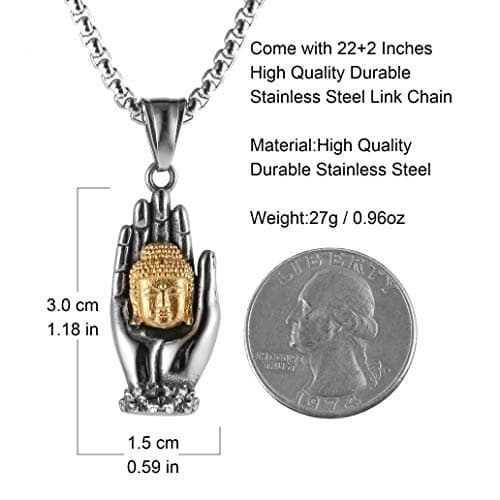 HZMAN Vintage Stainless Steel Tibetan Amitabha Buddha Pendant Necklace